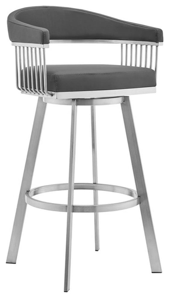 Armen Living Bronson 26" Faux Leather Swivel Counter Stool in Gray/Steel