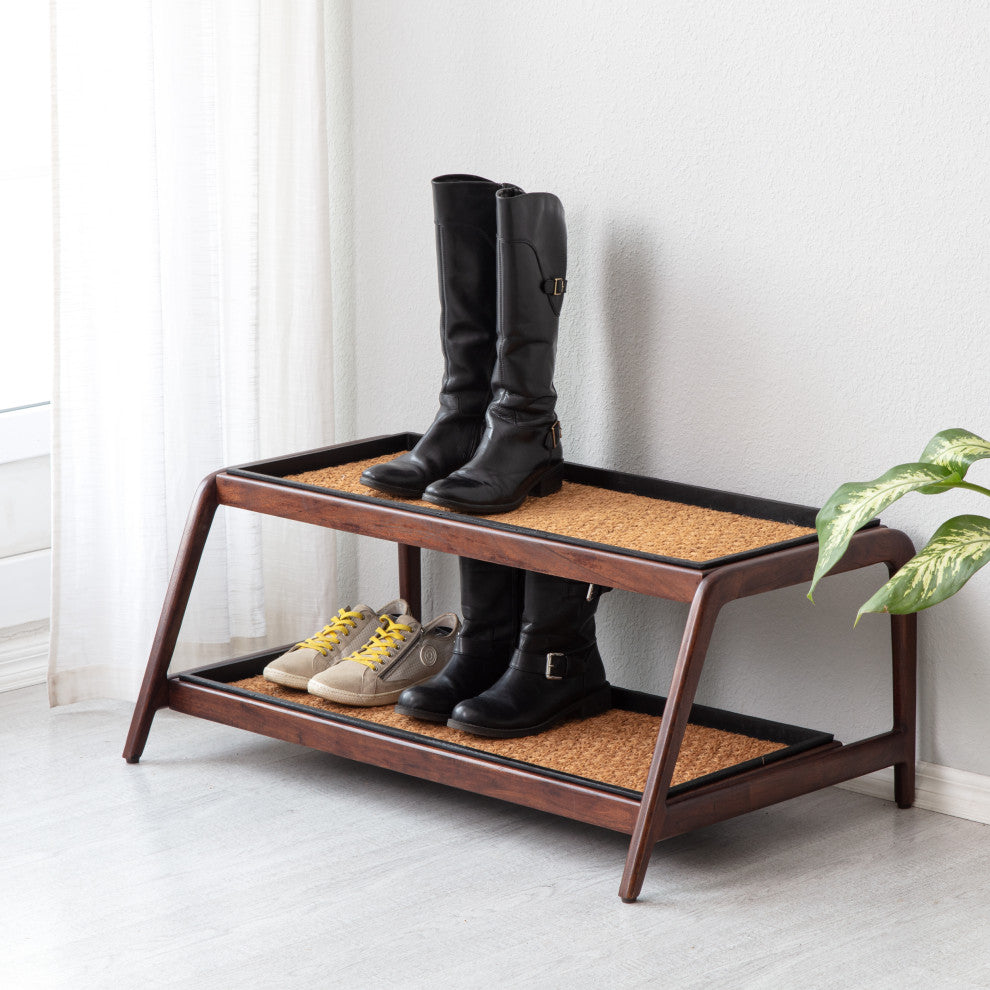 Double-Tier Brown Stand With 3-Pair Rubber Boot Trays Smoked Oak