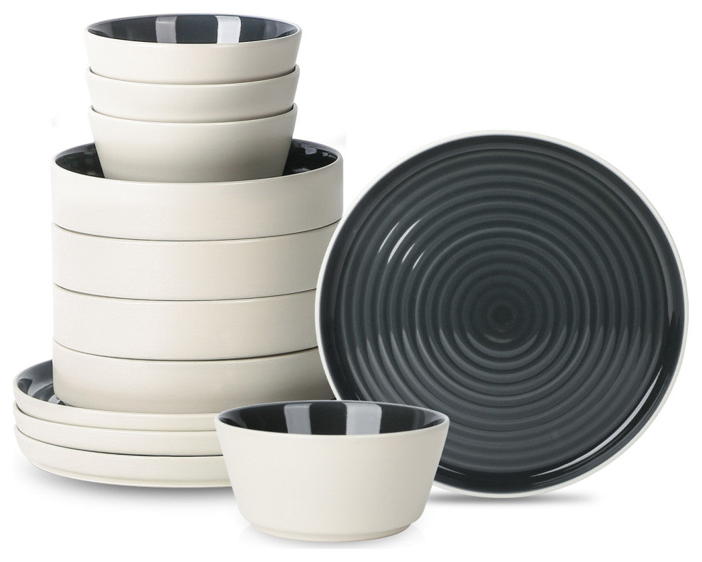 Stone Lain Elica Stoneware 12 Piece Dinnerware Set, Black and Beige