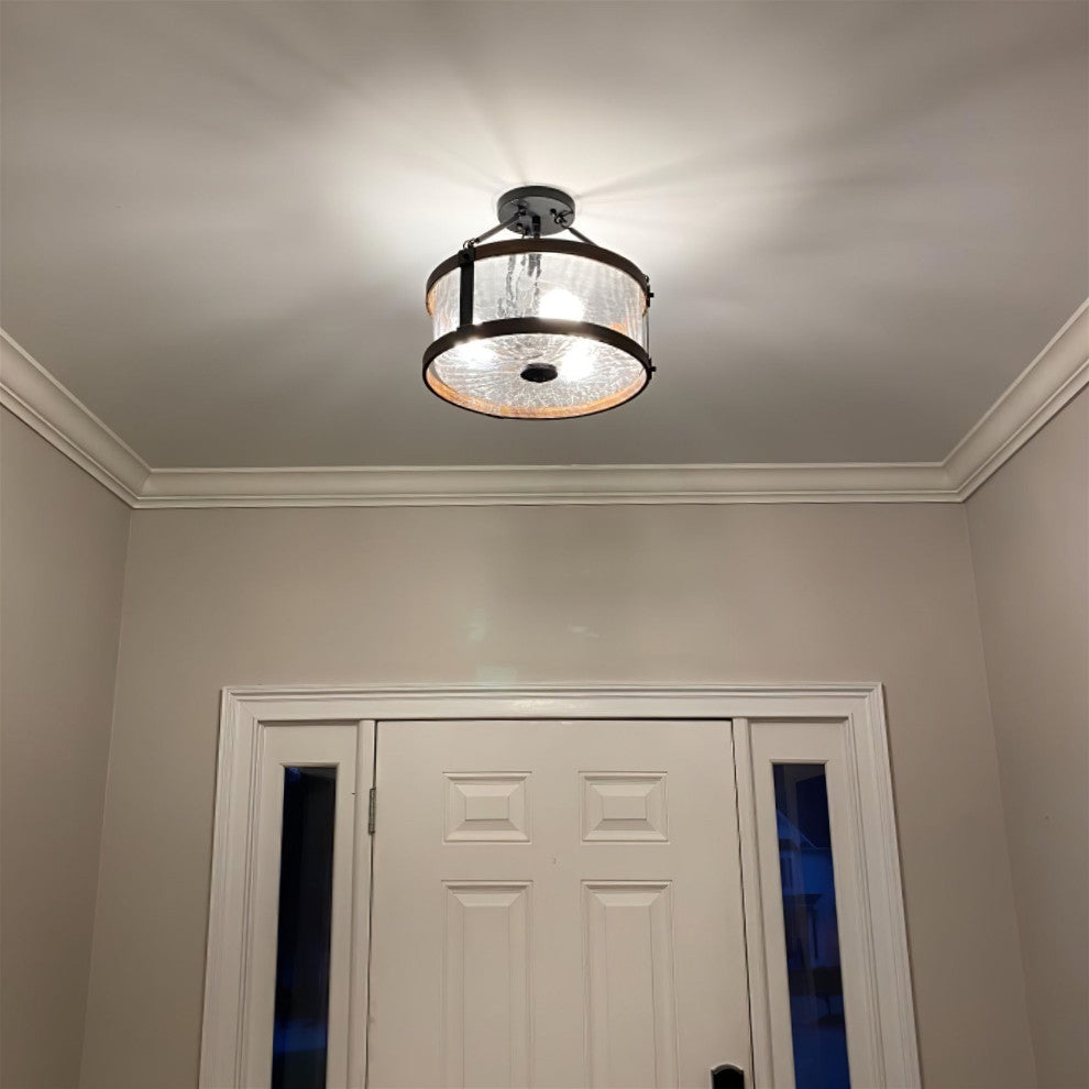 Kira Home Hadley 14" Farmhouse / Hall Light Ceiling, Crackled Glass Shade, Wood