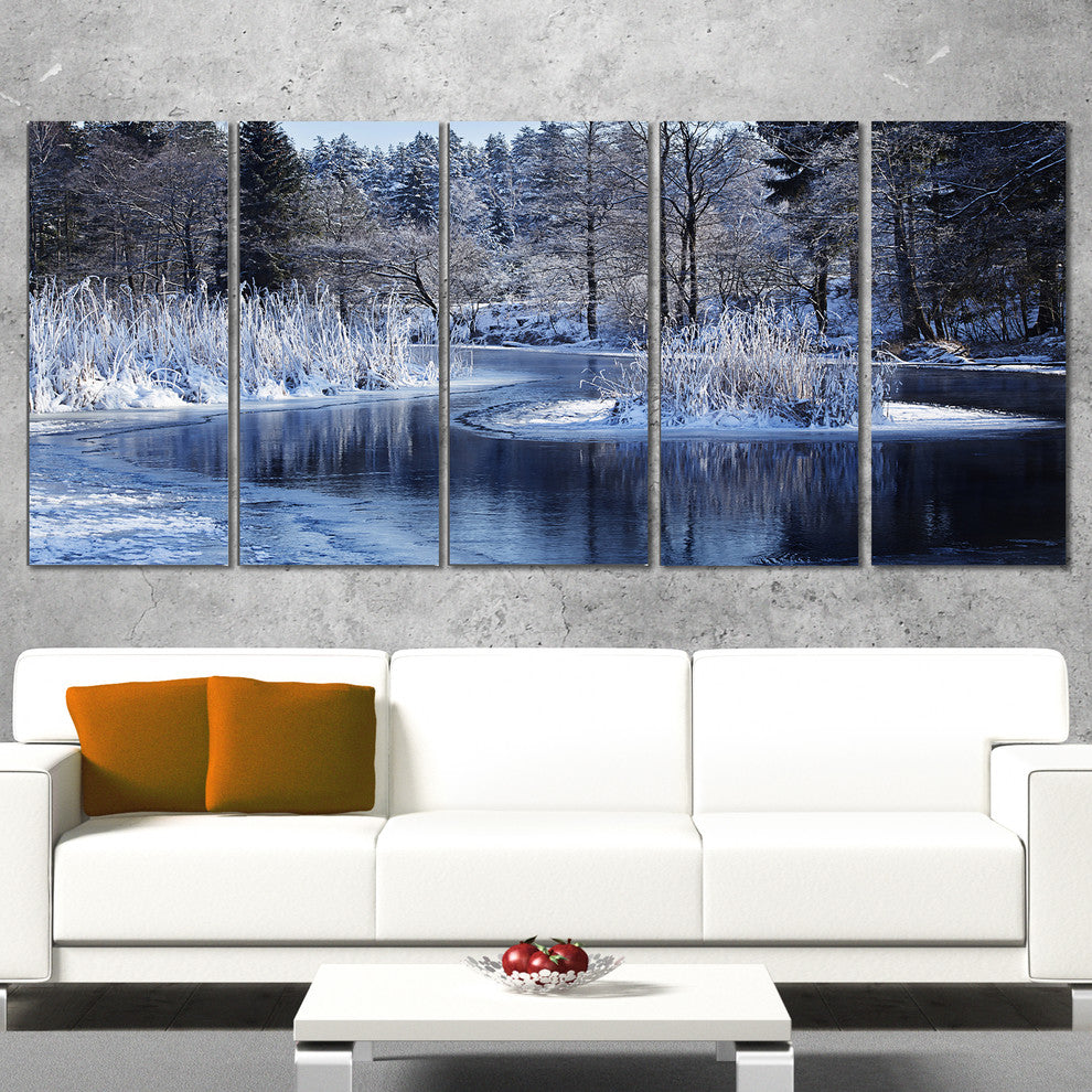 Winter Lake in Deep Forest, Landscape Canvas Art Print, 60"x28", 5 Panels