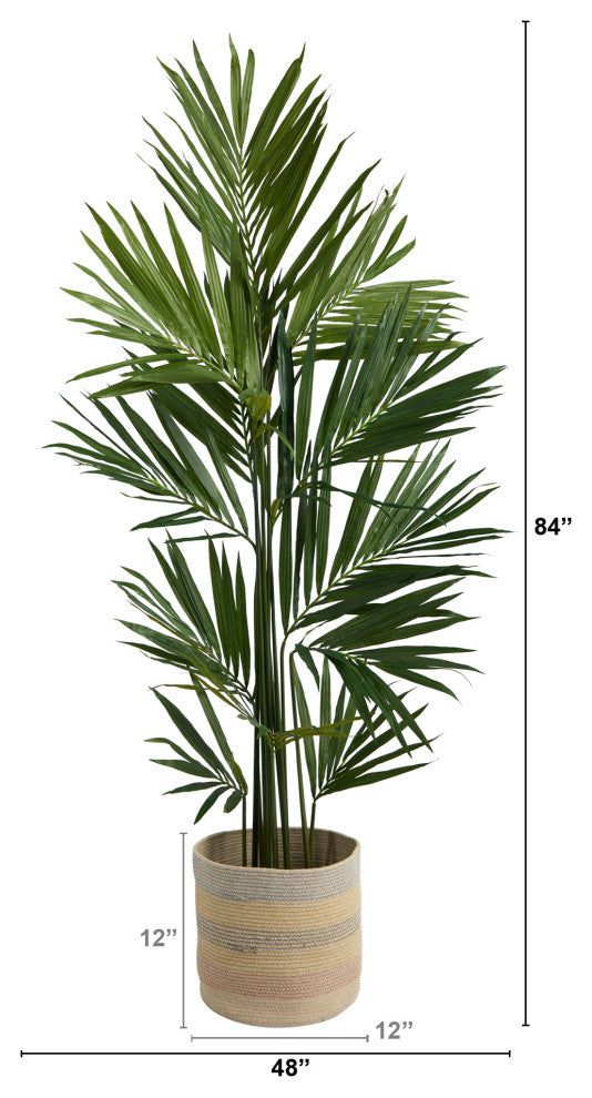 7' Kentia Artificial Palm in Handmade Natural Cotton Multicolored Woven Planterr
