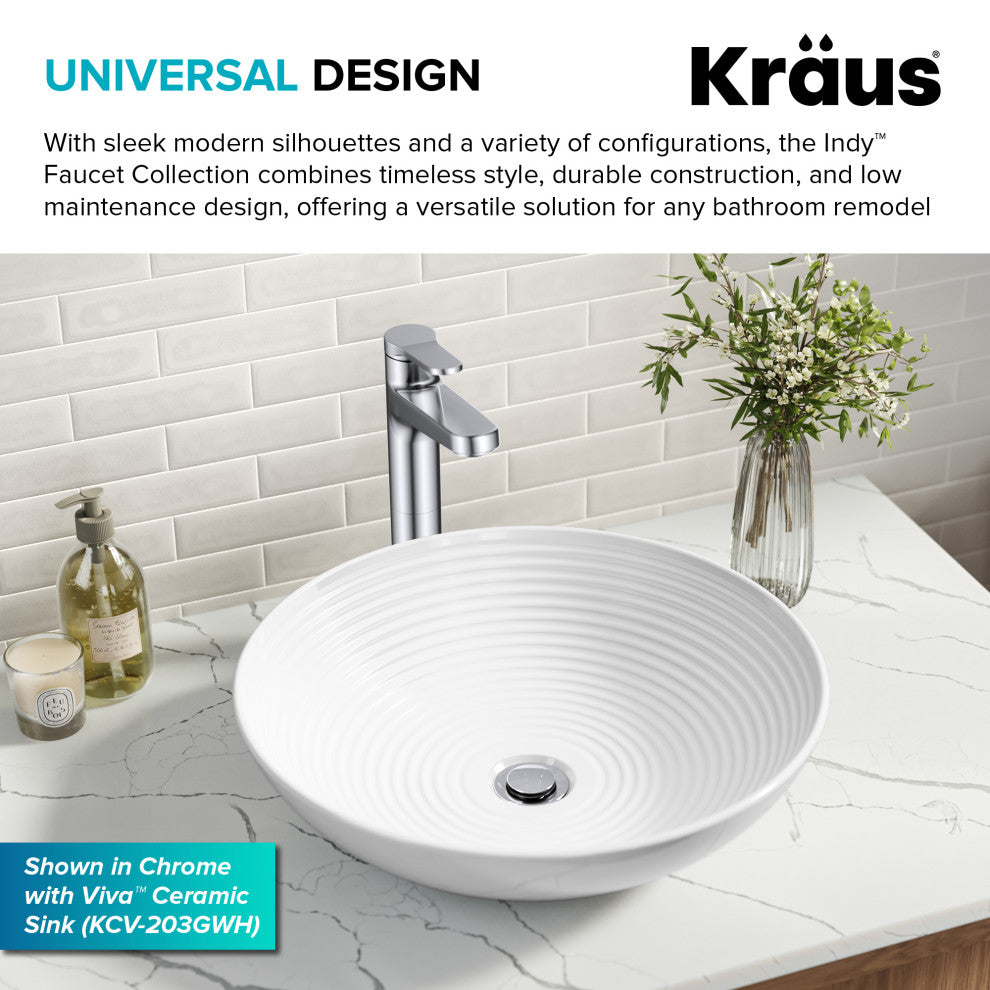 KRAUS Indy Single Handle Vessel Bathroom Faucet Spot Free BN, Pop Up Drain