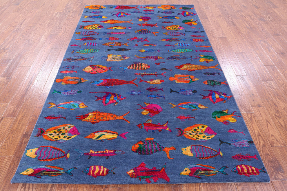 6' 0" X 9' 0" Gabbeh Fish Design Hand-Knotted Wool & Silk Rug - Q15980