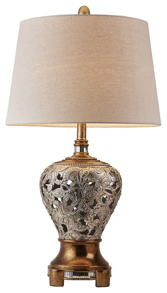 Benzara BM240417 Table Lamp With Floral pattern Metal Body, Silver and Gold