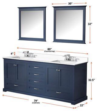 Dukes 80" Navy Blue Double Square Sink Vanity with Quartz Top, No Mirror