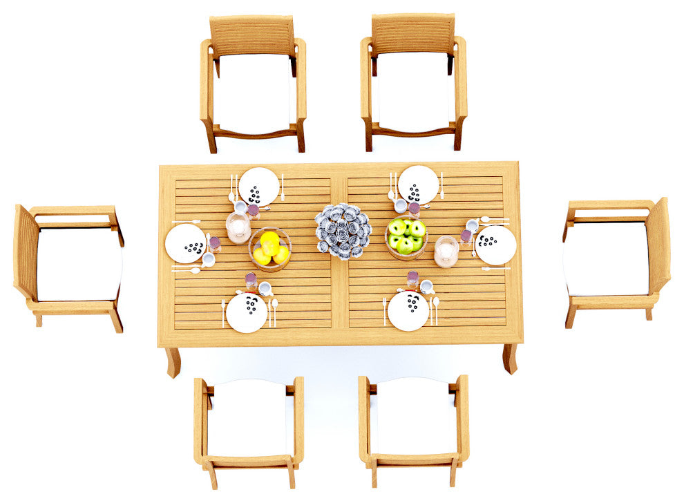 7-Piece Outdoor Teak Dining Set: 83" Rectangle Table, 6 Mas Stacking Arm Chairs