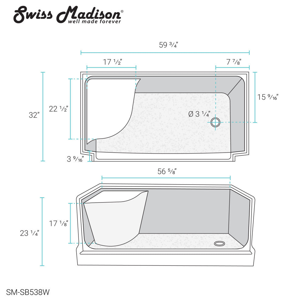 Aquatique 60"x32" Single Threshold Shower Base, White