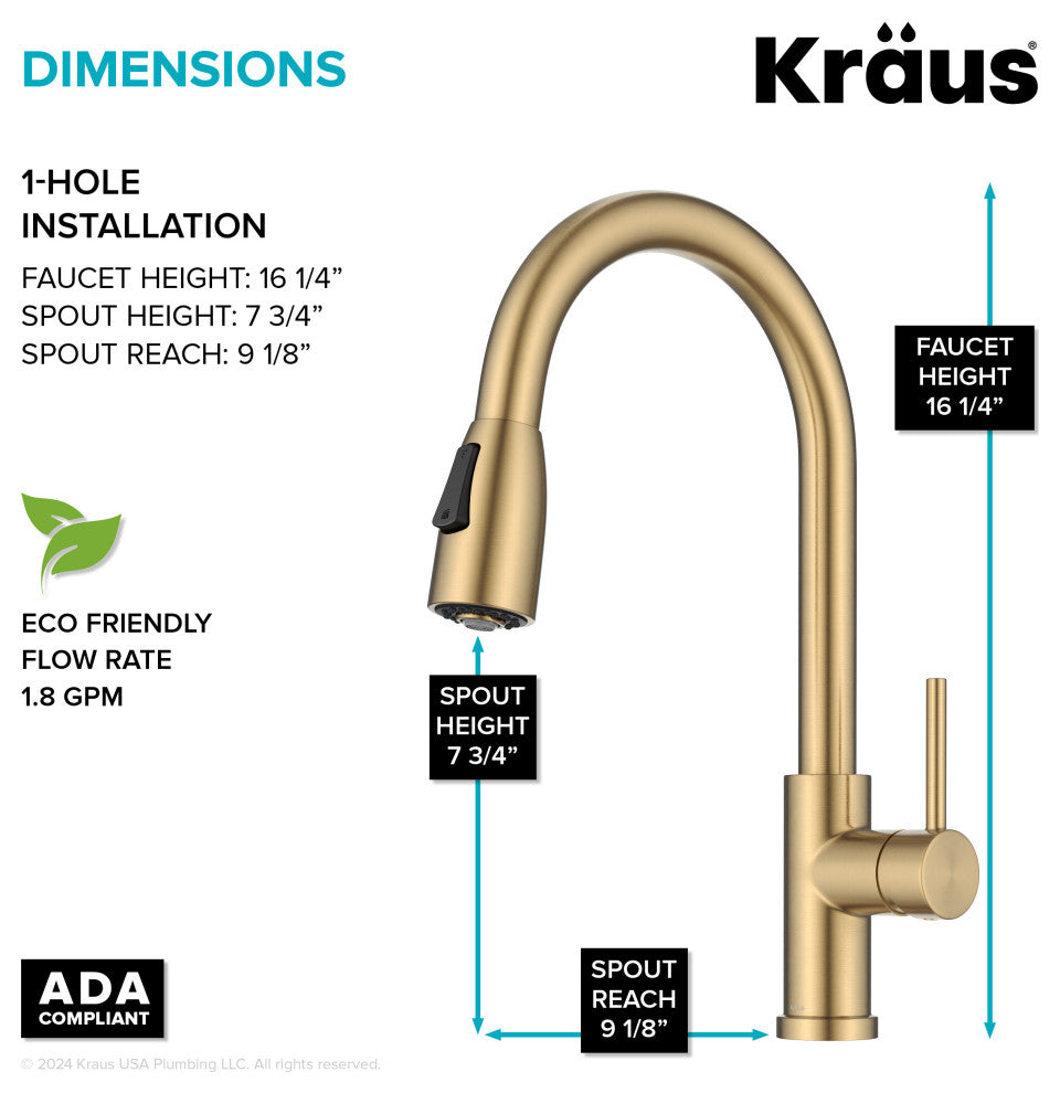 KRAUS Coda 2-Function 1-Handle Pull Down Kitchen Faucet Brushed Brass