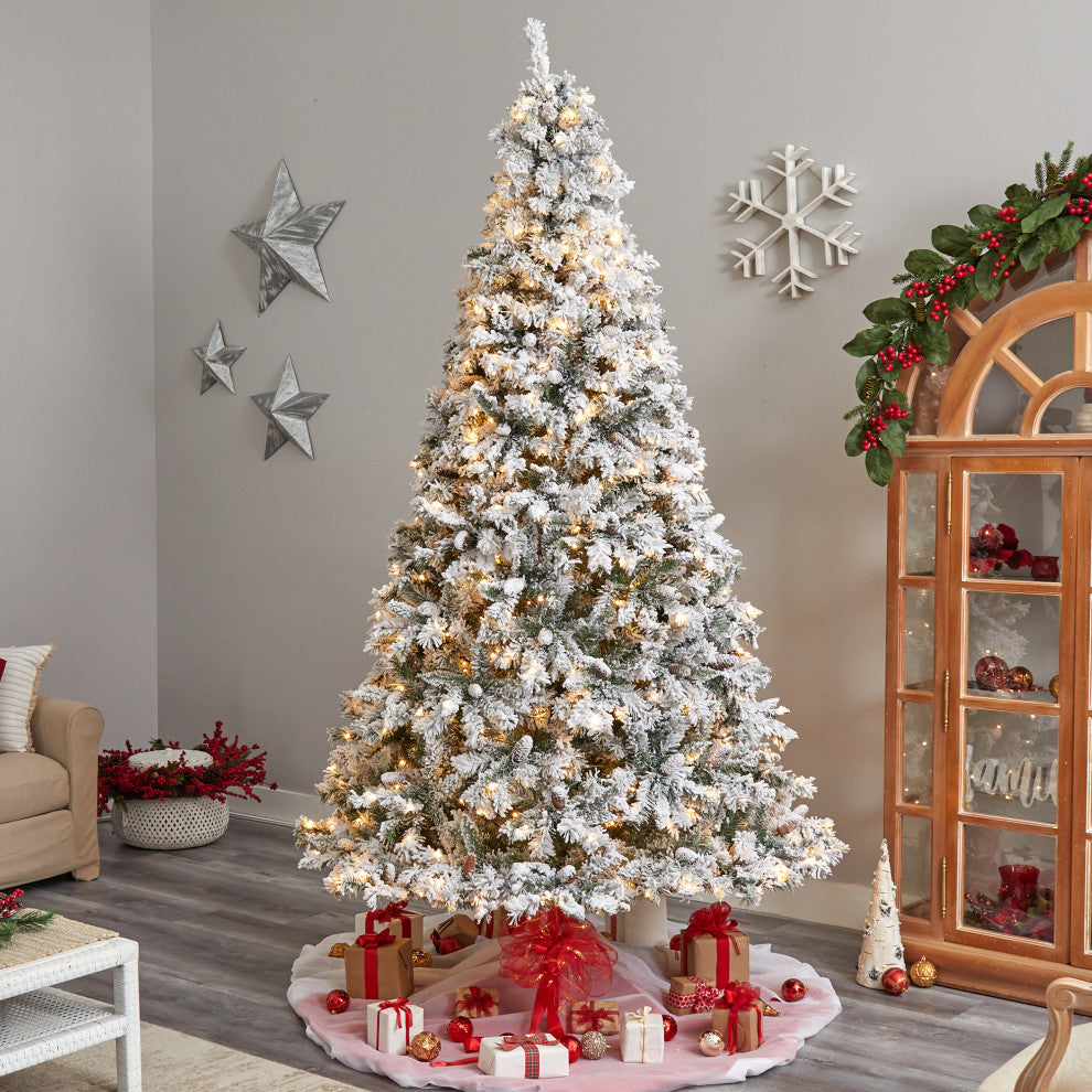9' Flocked White River Mountain Pine Christmas Tree With Pinecones, 650 LEDs