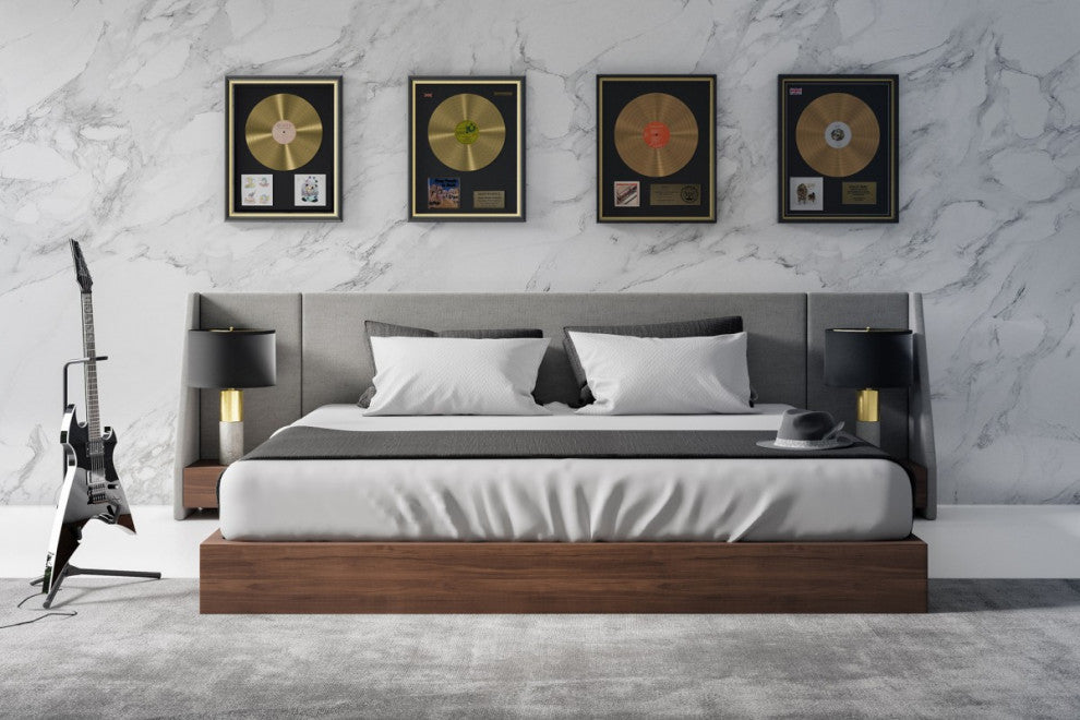 Modrest Janice Modern Gray and Walnut Bed and Nightstands, Queen