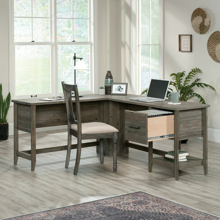 L-Shaped Desk, Large Top With Grommet Cable Management & Drawer, Pebble Pine
