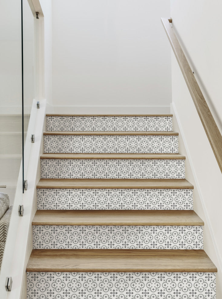 Flower Moroccan Tile Peel and Stick Stair Riser Strips, Grey, 48"w X 6"h, 6 Pack