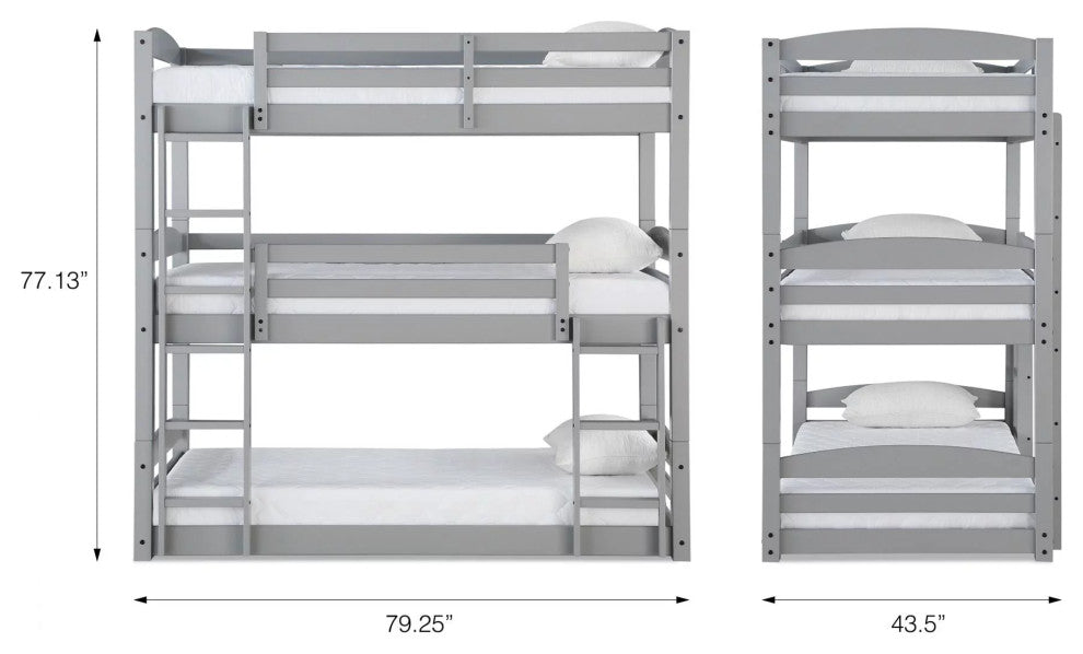 Transitional Triple Floor Bunk Bed, Safety Guardrails & Integrated Ladder, Gray