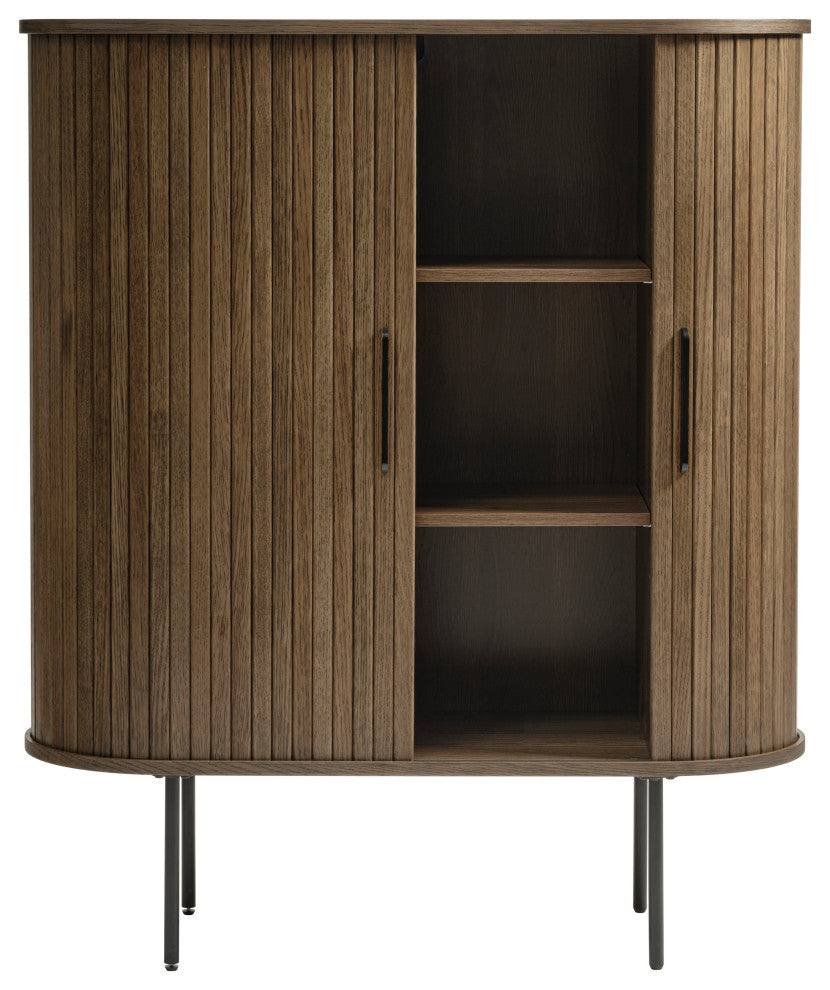 Mid-Century Modern Rounded Sliding Door Cabinet 39", Smoked Oak