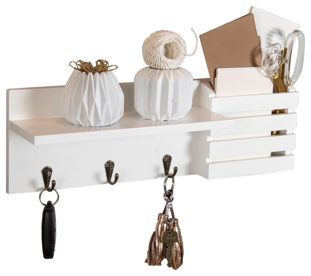 Danya B. Utility Shelf With Pocket and Hanging Hooks, White