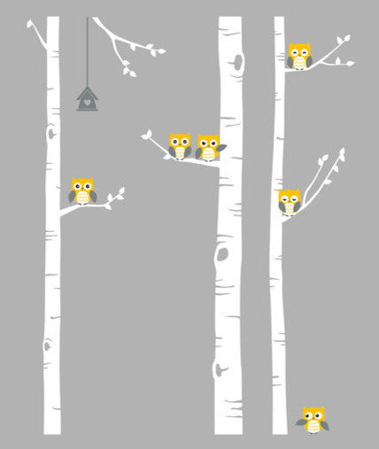Birch Tree Wall Decal with Owls W1118, Scheme A, Standard, 96" Tall Trees