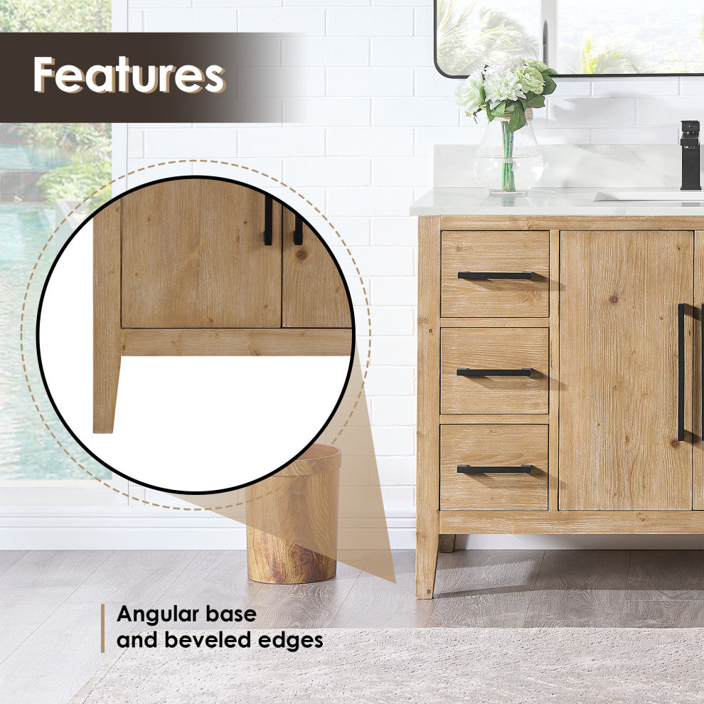 Laurel Bathroom Vanity with Calacatta White Quartz Stone Countertop, Weathered Fir, 48", With Mirror