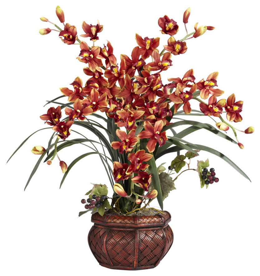Cymbidium With Decorative Vase Silk Arrangement, Burgundy