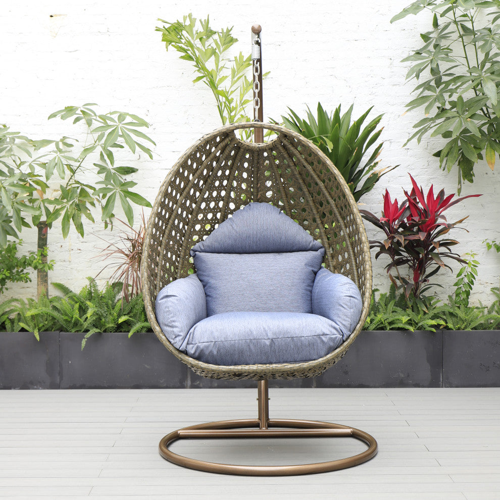 LeisureMod Beige Wicker Hanging Egg Swing Chair With Stand and Cushion, Charcoal Blue