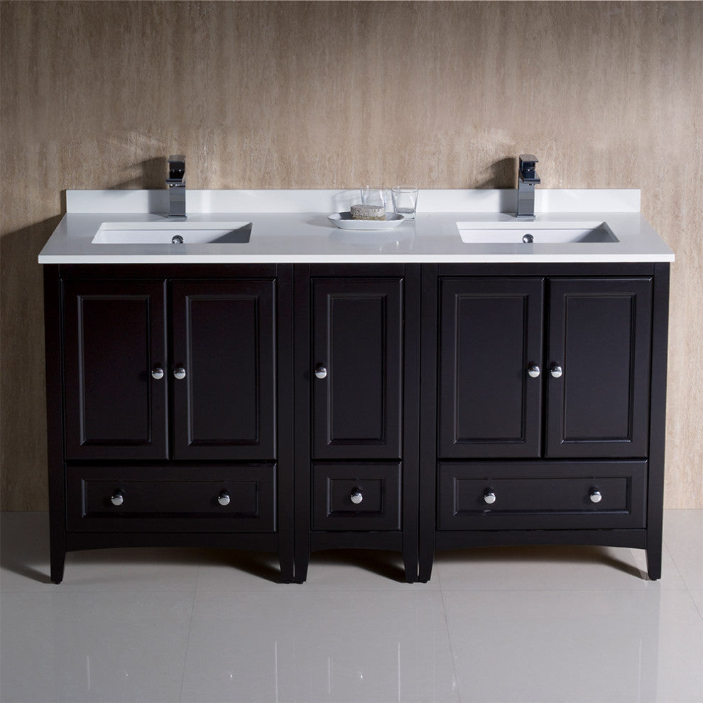 Oxford 60" Double Bathroom Cabinet, Espresso, With Top and Sinks