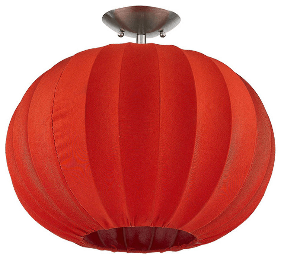 Shanghai 1-Light Brushed Nickel Pendant With Sheer Red Ribbon Shade