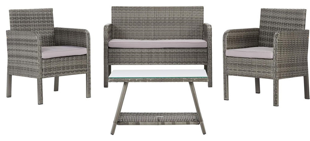 Outdoor Elegant 4-Piece Patio Set with Glass Coffee Table and Cushioned Chairs, Grey Brown/White