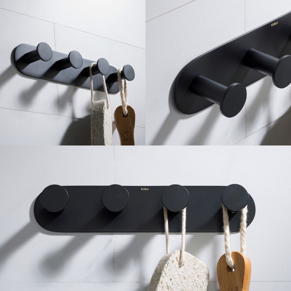 Elie Bathroom Robe and Towel 4-Hooks Rack, Black