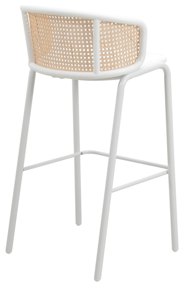 LeisureMod Ervilla Wicker Bar Stool With White Powder Coated Steel Frame, White