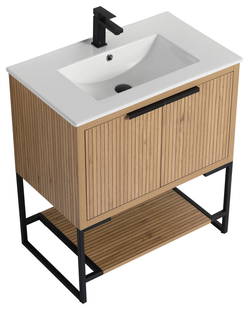 Kingsford Grooved-Look Bath Vanity, Bright Oak, White Ceramic Sink, 30", Doors