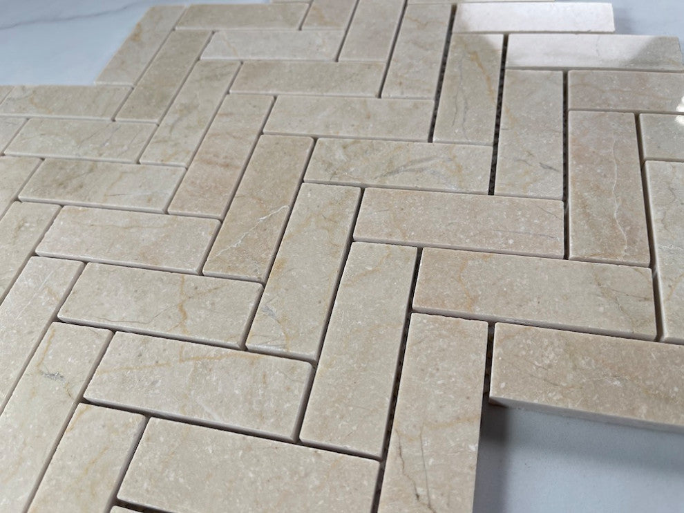 Crema Marfil Marble 1x3 Herringbone Mosaic Tile Polished, 1 sheet
