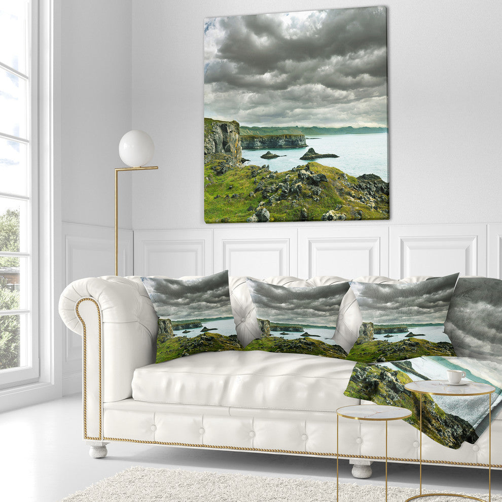 Icelandic Coast Under Dark Clouds Seashore Throw Pillow, 16"x16"