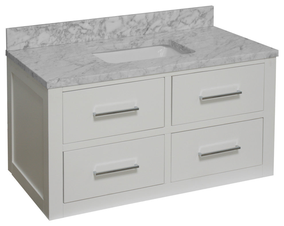Helsinki 42" Floating Wall Mounted Bathroom Vanity, White, Carrara Marble