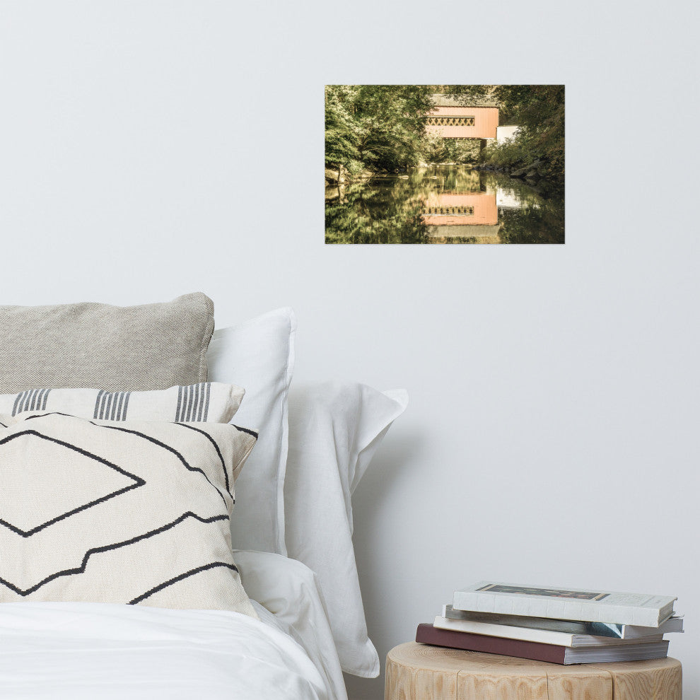 The Reflection of Wooddale Covered Bridge Aged Unframed Wall Art Print, 12" X 18"