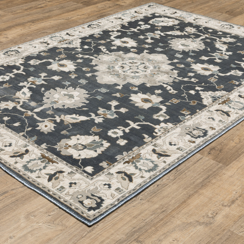 Emilia Bordered Traditional Blue/ Beige Area Rug 9'10" x 12'10"