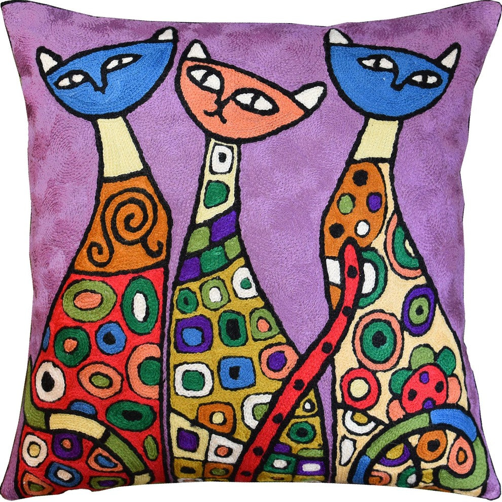 Modern Cats Purple Kitties Triplets Accent Pillow Cover Handmade Wool 18x18"