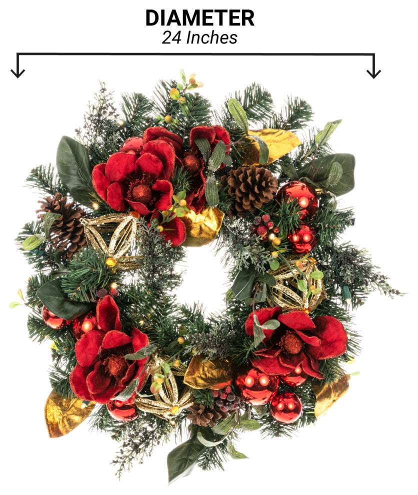 24" Lighted Christmas Wreath, Red Magnolia