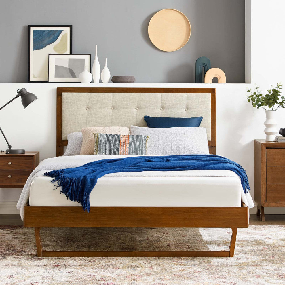 Platform Bed Frame, King Size, Wood, Brown Walnut Beige, Modern Mid-Century