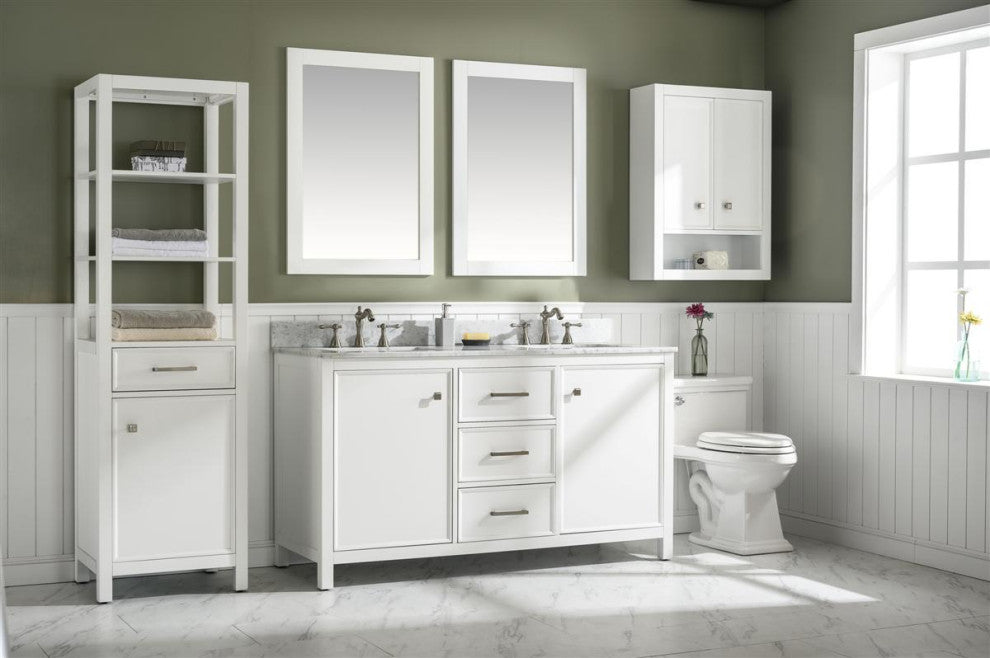 60" Double Sink Vanity Cabinet, Carrara White Top, White