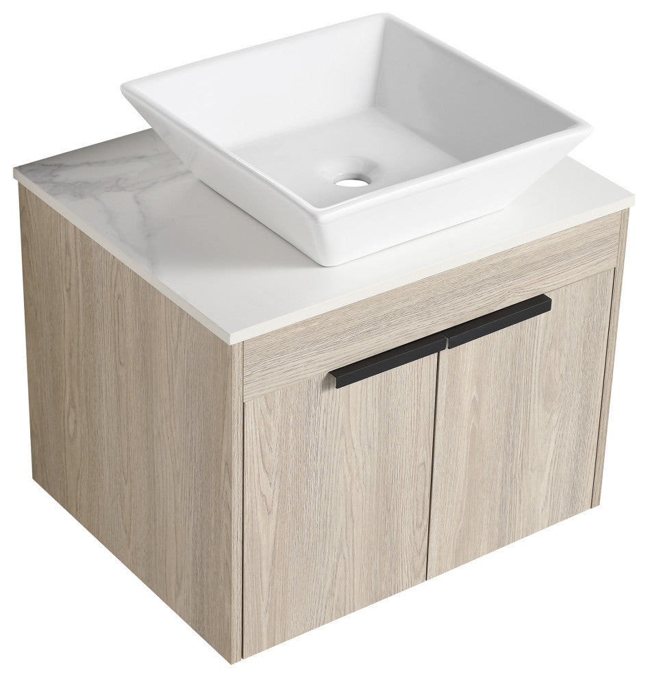 Wall-Mounted Bath Vanity, White Oak, White Ceramic Vessel Sink