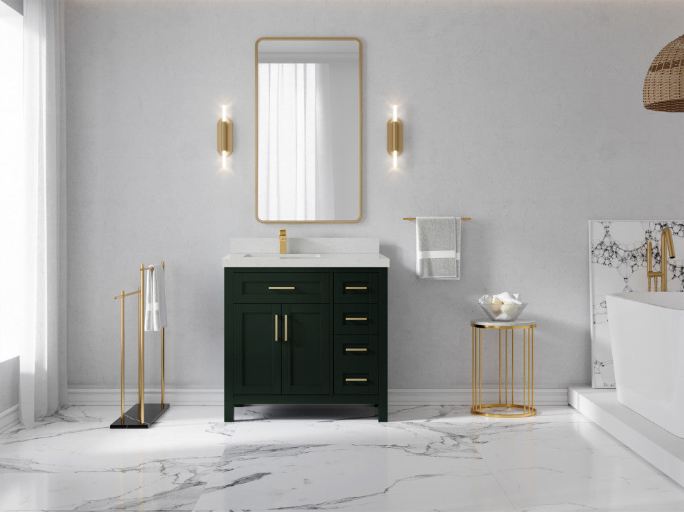 Cambridge 36 Left Offset Bath Vanity in Dark Forest Green 2" Carrara Quartz