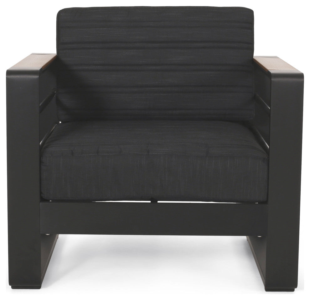 Neffs Outdoor Aluminum Club Chair With Faux Wood Accents, Black, Set of 2