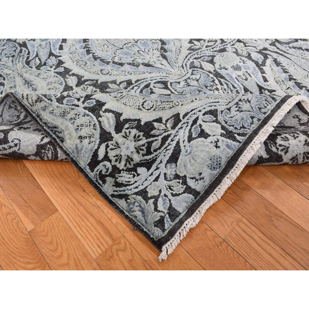 Goose Gray Pure Silk With Wool Tulip Flower Design Hand Knotted Rug 9'x12'2"