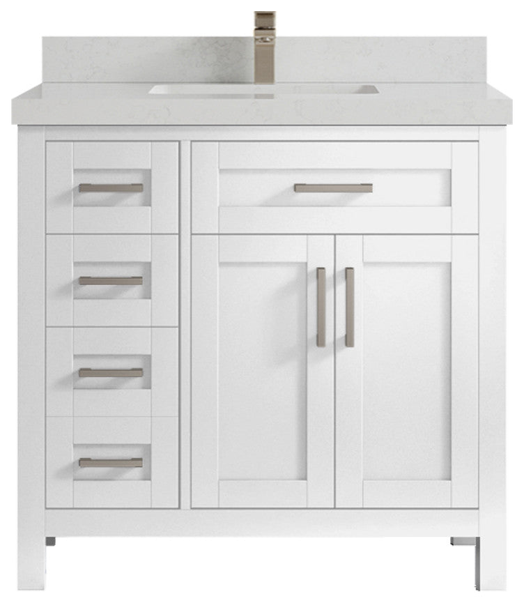 Cambridge 36 Center Sink Bath Vanity in White 2" Carrara Quartz