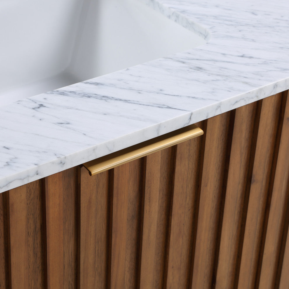 Terra Bathroom Vanity, Walnut/Satin Brass With Carrara Marble, 24"