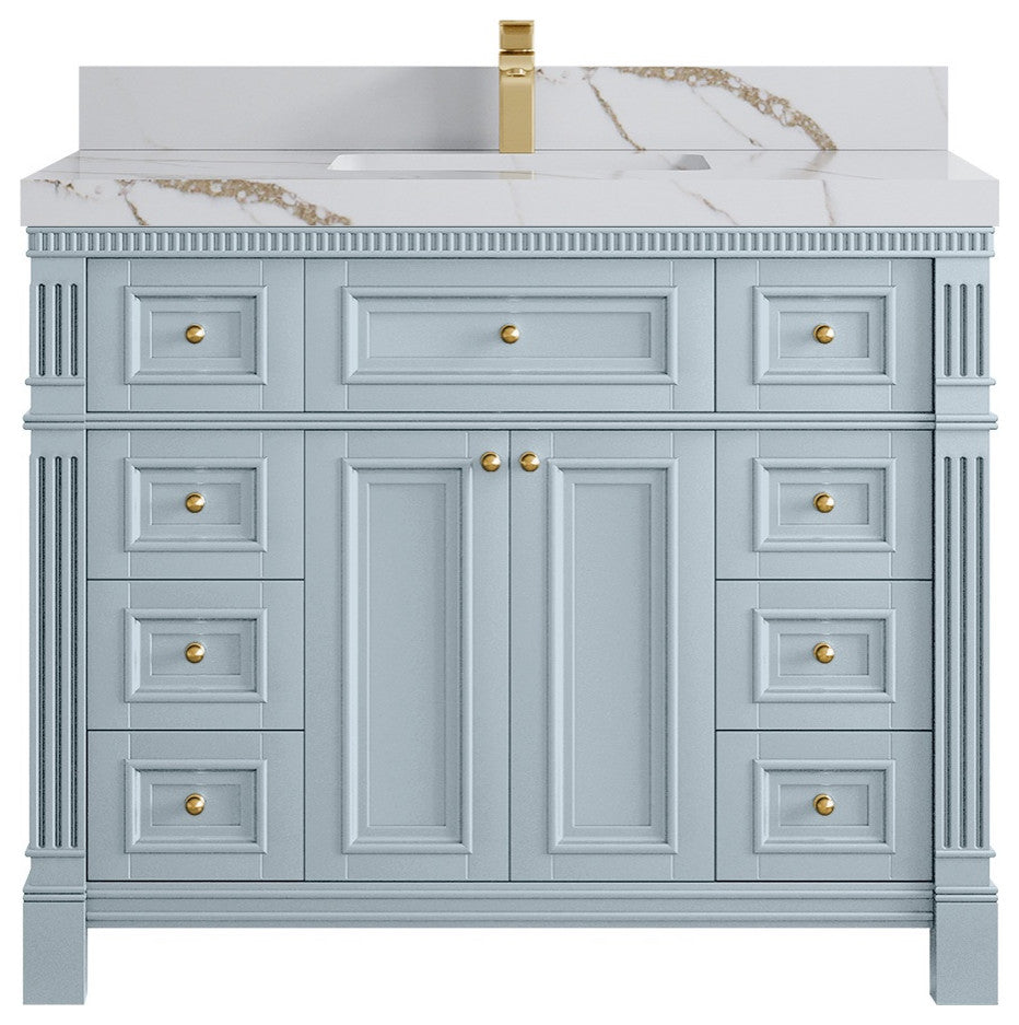 Paris 42" Single Sink Bathroom Vanity, Blue Heather 2" Calacatta Gold