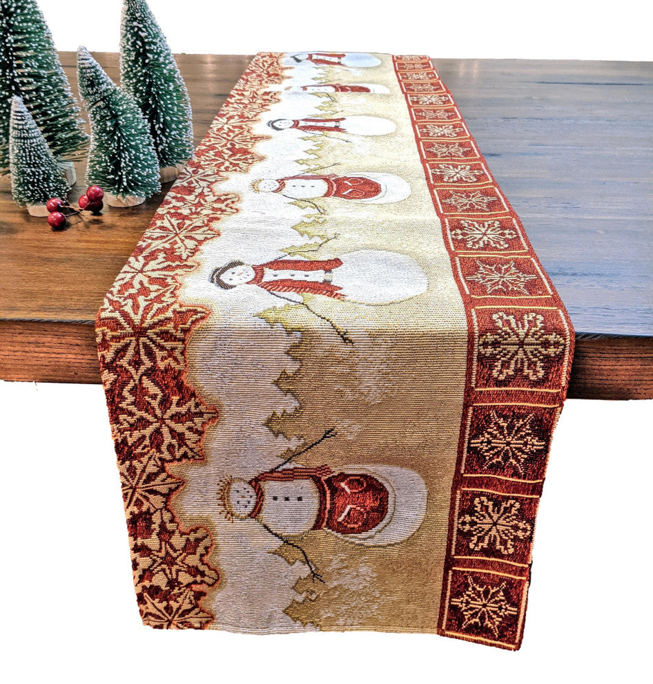 Mr. and Mrs. Snowman Couple Woven Tapestry Table Runner, 13"x90"