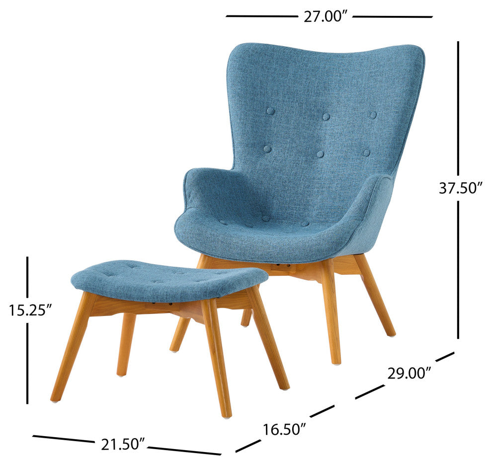 Hariata Mid-Century Modern Wingback Chair and Ottoman Set, Muted Blue