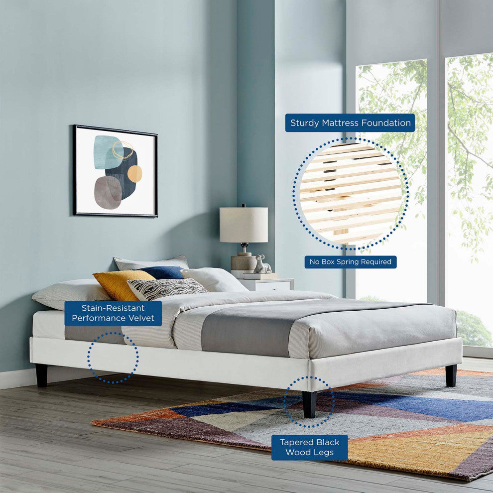 Platform Bed Frame, Twin Size, Velvet, Light Grey Gray, Modern Contemporary