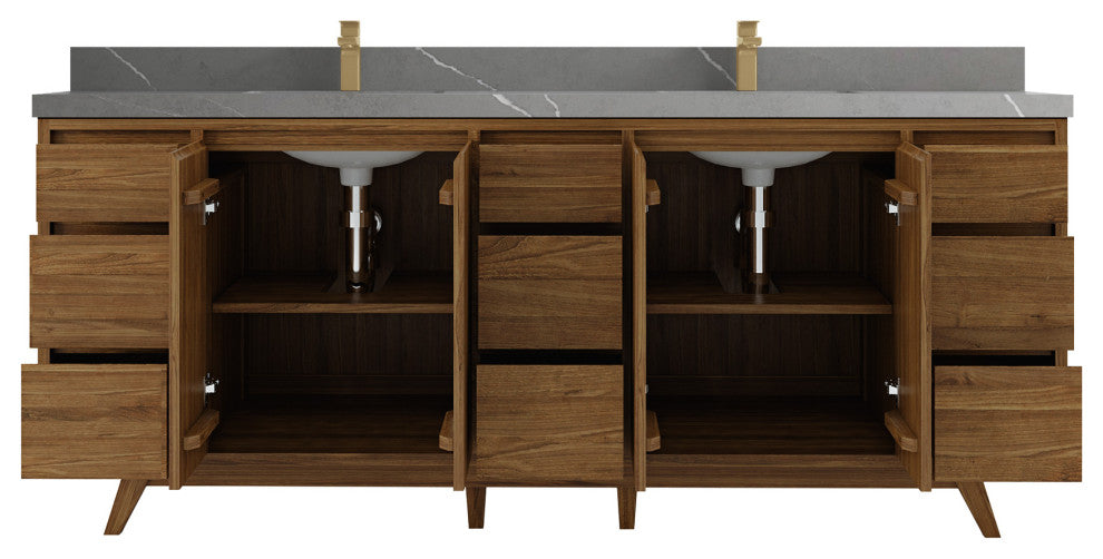 Madison Teak 84 Double Sink Bath Vanity in Dark Natural 2" Piatra Gray